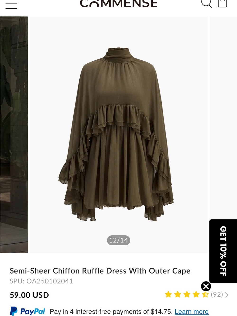 Commense Olive Chiffon Mini Dress with Ruffle Cape
